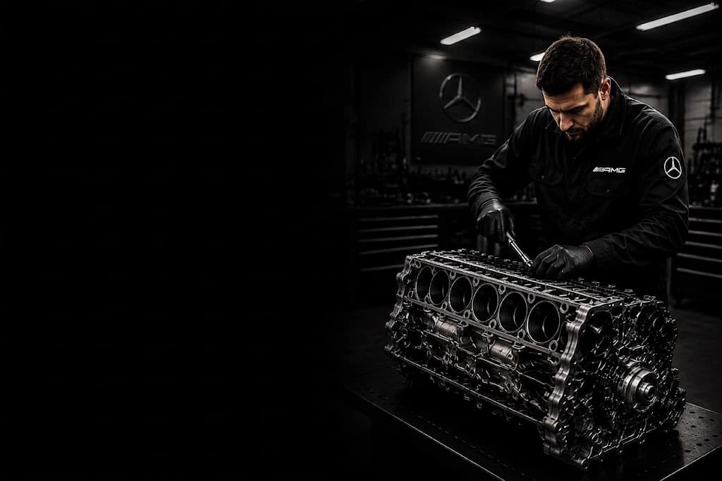 Mercedes-AMG technician rebuilding an M139 engine block