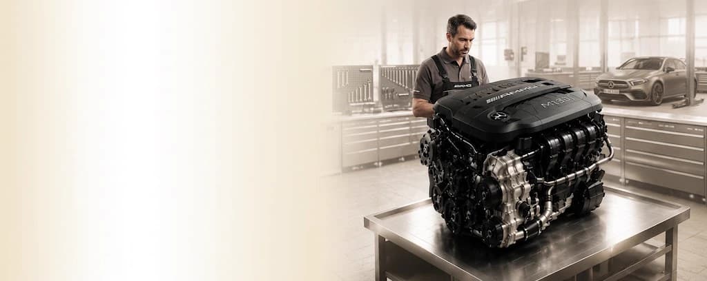 Mercedes-AMG M139 engine on workshop stand