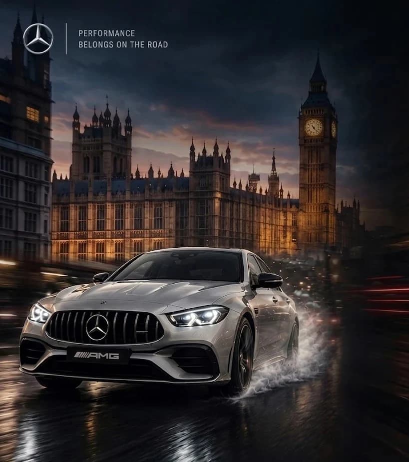 Mercedes-AMG driving through London at dusk