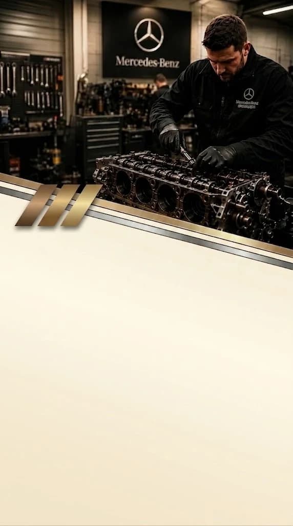 Mercedes technician rebuilding an engine block
